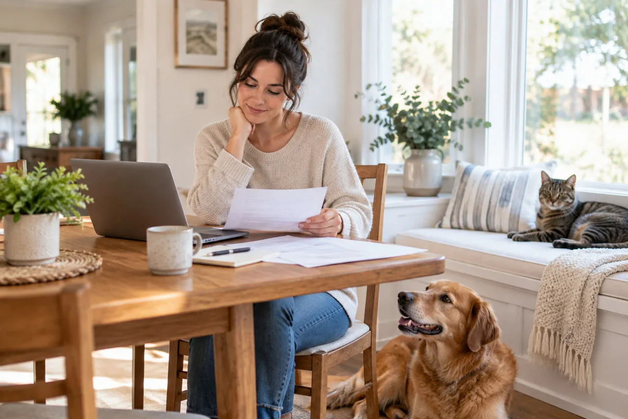 Owner reviewing paperwork beside a cat and dog