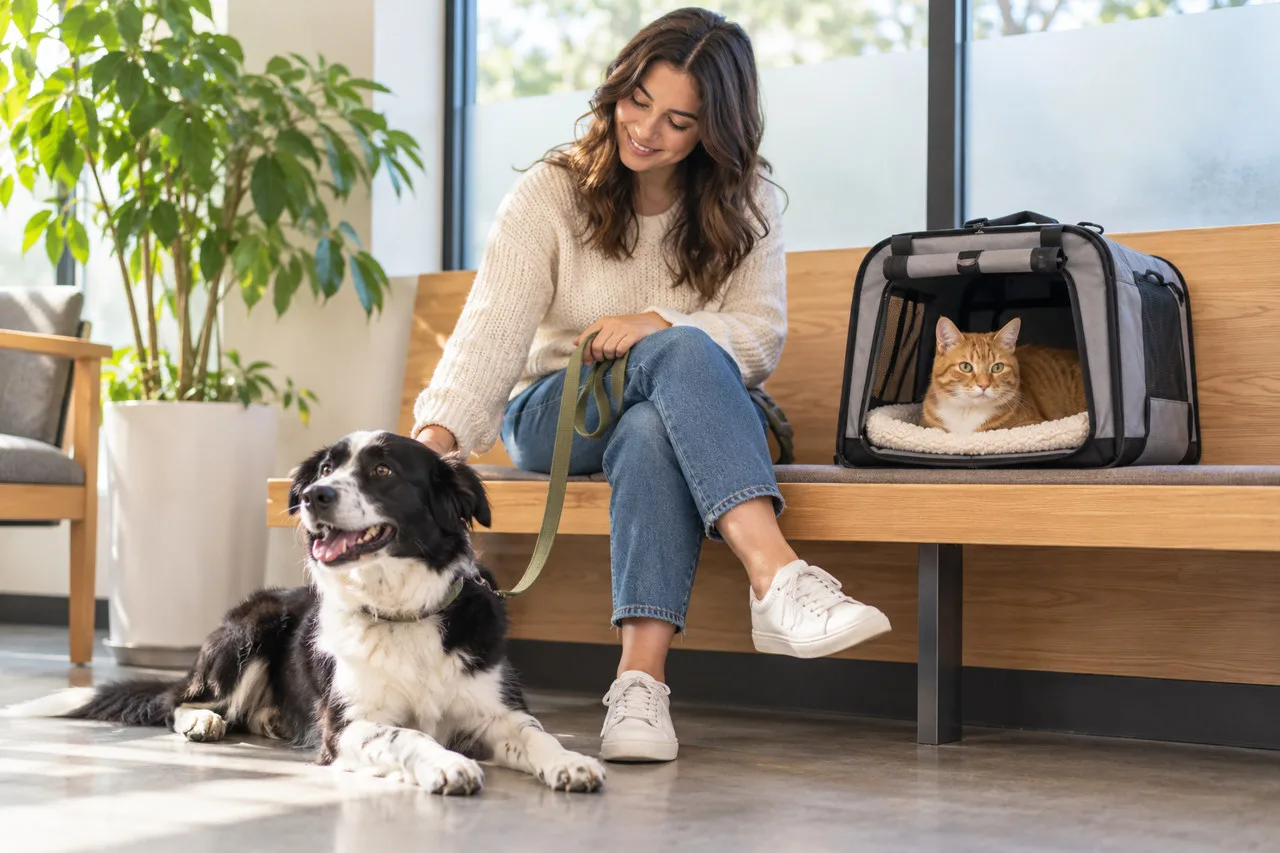Owner sitting with a dog and a cat in a carrier near a clinic